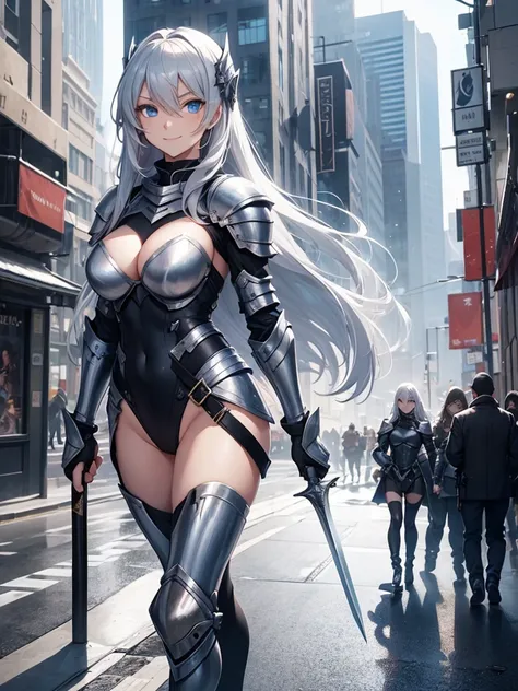 Female knight, leotard armor, long silver hair, blue eyes, smiling, walking in the crowded city, holding a weapon in hand, big bust