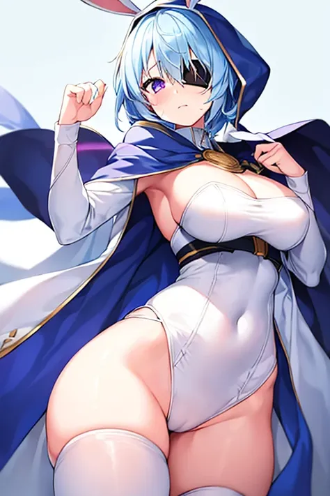 1girl, large breasts, light blue hair, purple eyes, one eye covered, eyepatch, ((eyepatch)), short hair, glowing eyes, cloak, white cloak, white hood, white cape, cape, belt, white pants, white clothes, pants, ((pants)), bunny ears, rabbit ears, real anima...