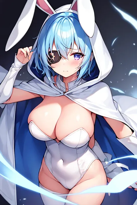 1girl, large breasts, light blue hair, purple eyes, one eye covered, eyepatch, ((eyepatch)), short hair, glowing eyes, cloak, white cloak, white hood, white cape, cape, belt, white pants, white clothes, pants, ((pants)), bunny ears, rabbit ears, real anima...