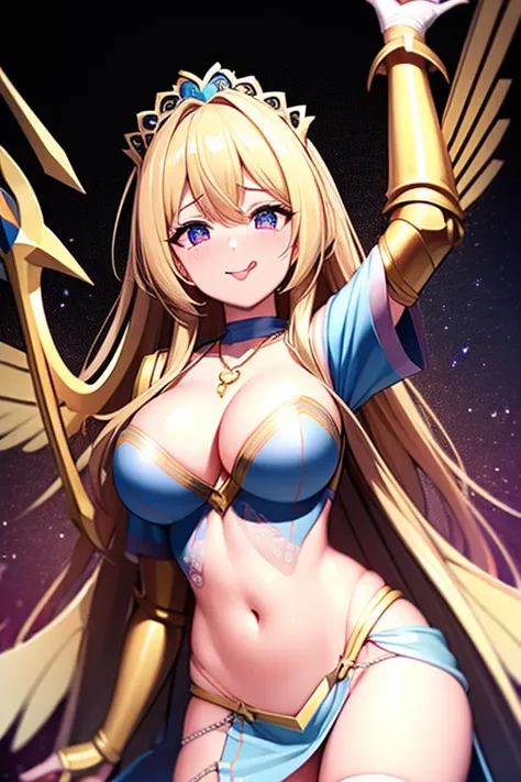 (Masterpiece: 1.4), (Best quality: 1.4), 8K, HD, ultra clear，1girl，（big breasts：1.4），blond hair,(Heart-shaped pupil:1.3),(Tongue out:1.2),scared:1.3，(cry:1.3),princess，Bare abdomen，White lace underwear，Skirt，（Looking up），night，bedroom，necklace，Messy clothe...