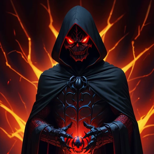 a demonic looking spider with glowing eyes and a long black cloak, with red glowing eyes, evil looking, the reaper as a scary, evil villain grin, evil smile and glowing eyes, evil villain, with glowing red eyes, dark supervillain, red glowing eyes, ainz oo...