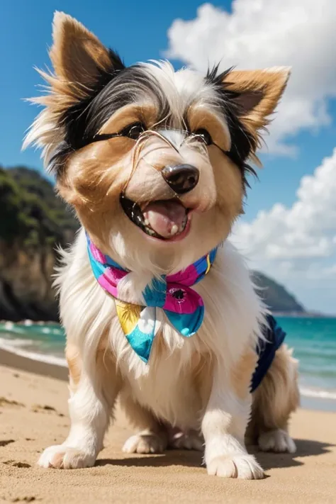 Collie or border collie dog with anomalous coat, gigantic size, very long and albino coat color, hes got his tongue out, expression of great happiness to see the owner, ((He wears 3D glasses on his eyes)), (usando camiseta havaiano com estampas de flores),...