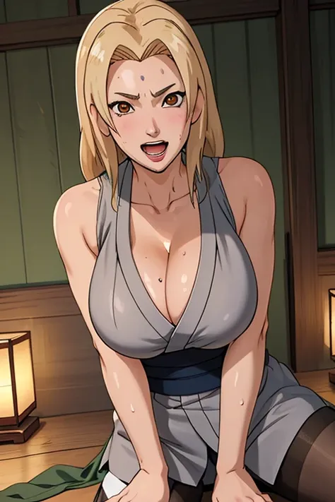 masterpiece， Best quality at best， (1girl)， Tsunade Senju， Large breast，（cleavage)，(whole body)，Raised sexy， shy，smile，long blonde hair, （brown eyeballs:1.4)， the cherry tree, busty figure, female body, smooth thighs, glowing skin, sweaty, sexy pic, sexy p...