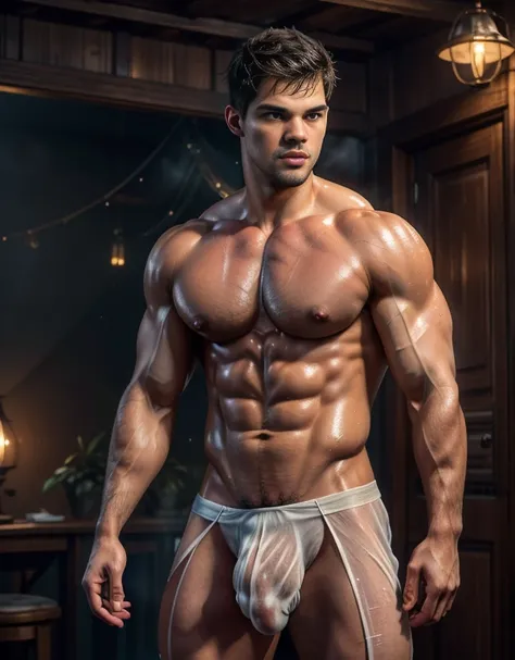 sweaty, masterpiece, analog style, (((realistic))), 1 man, Taylor Lautner, standing in a Russian steam spa, steamy, (covered in a wet white see-through cloth), muscular, ((((bulge)))), (((pubic hair))), full body shot, head to toe shot, 32 year old transge...