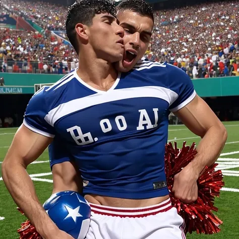 Capitan de futbol musculoso borracho y sin camisa, kissed on the mouth and masturbated by a cheerleader man smaller and thinner than him, bulto grande, mostrando pectorales y abdominales completos,wet dreams, Great erection, besos, gay pornographic