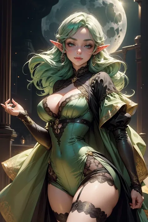 {-erro_de_anatomia:1.0} Moonlit night, sexy elf young victorian girl, very big breasts, gold dress, victorian dress, sexy see-through underwear with lace, Beautiful Woman, happy face, green hair, long hair, gray eyes, dancing ligthly ,1 girl