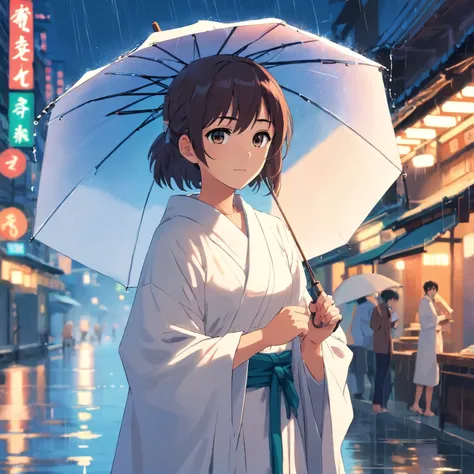 Rainy evening，River side，Girl in national style，Wear a white robe，Umbrella hit