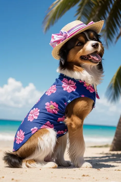 Collie or Border Collie dog with abnormal coat, tamanho gigantesco, cor da pelagem muito longa e albina, hes got his tongue out, expression of great happiness upon seeing the owner, local muito florido, usa camisa floral detalhes variados, (((veste apenas ...