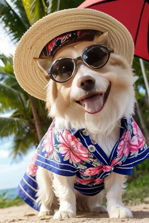 Collie or Border Collie dog with abnormal coat, tamanho gigantesco, cor da pelagem muito longa e albina, hes got his tongue out, expression of great happiness upon seeing the owner, local muito florido, usa camisa floral detalhes variados, ((( ele usa cami...