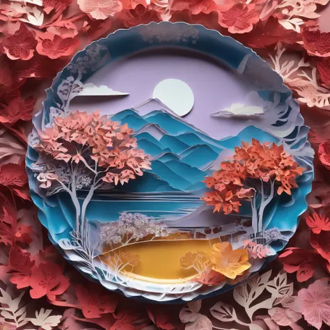 (on a blue glass plate),(stacked paper cuts):(peach blossom forest,lavender,red maple),(yellow undulating hills), (best quality,4K,8 thousand,high resolution,masterpiece:1.2),very detailed,(realistic,realistic,realistic:1.37)