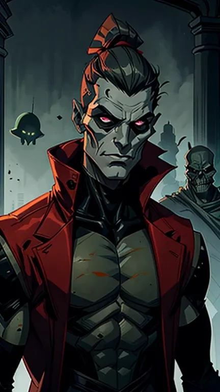 Dark alien lord with grayish greenskin, very tall and sleek, with a mask that looks like a skull, with a red coat with cut off sleeves, no nose just holes in his face