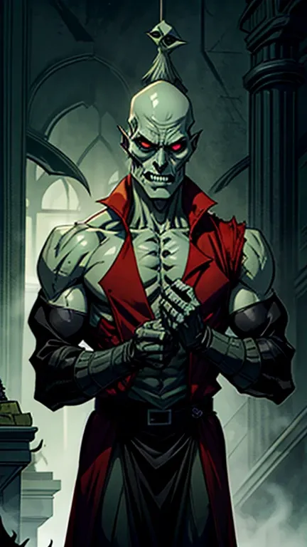 Dark alien lord with grayish greenskin, reptilian and bald, very tall and sleek, with a mask that looks like a skull, with a red coat with cut off sleeves, no nose just holes in his face