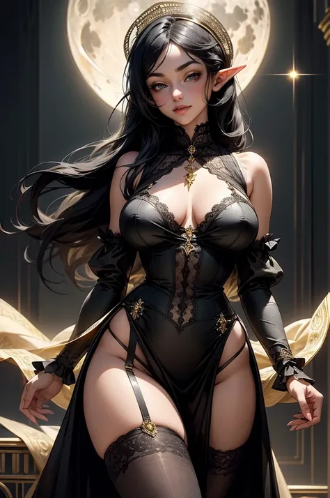 {-erro_de_anatomia:1.0} Moonlit night, sexy elf young victorian girl, very big breasts, gold dress, victorian dress, sexy see-through underwear with lace, Beautiful Woman, happy face, black hair, long hair, gray eyes, dancing ligthly ,1 girl