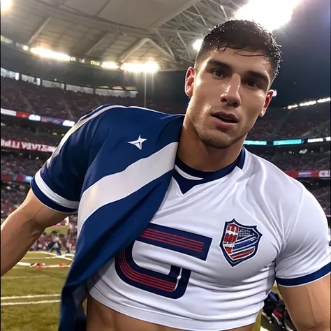 Capitan musculoso de futbol americano  borracho y sin camisa, masturbated and kissed on the mouth by a cheerleader man smaller and thinner than him, bulto grande, solo en ropa interior, mostrando pectorales y abdominales completos,wet dreams, Great erectio...