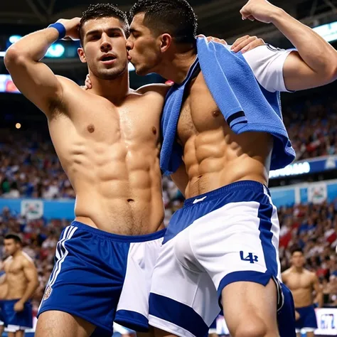 Capitan musculoso de futbol americano  borracho y sin camisa, masturbated and kissed on the mouth by a cheerleader man smaller and thinner than him, bulto grande, solo en ropa interior, mostrando pectorales y abdominales completos,wet dreams, Great erectio...