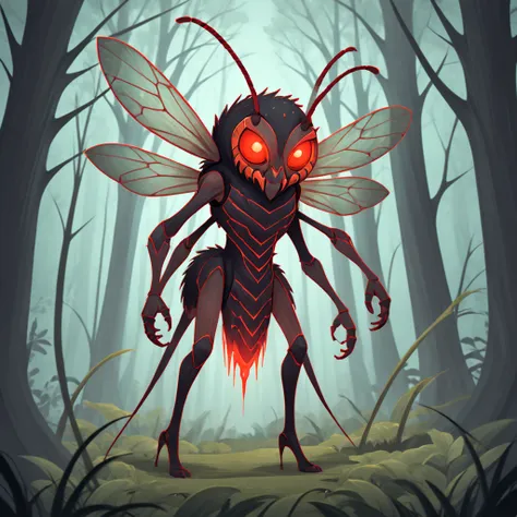 A deadly bee creature in the forest with red glowing eyes and legs that end in razor sharp needles with a deadly poison sting, in card art style