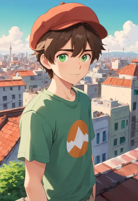 (a white boy with brown hair and green eyes) (on a rooftop of a building) (gazing at the sky),(photorealistic:1.37),(ultra-detailed),(vivid colors),(portrait),(subtle warm tones), (soft natural lighting),(rooftop view),(cityscape in the background),(gentle...