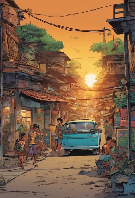 masterpiece, best quality, Slum City, Indonesia, Sunset，A family of three on the road，poverty