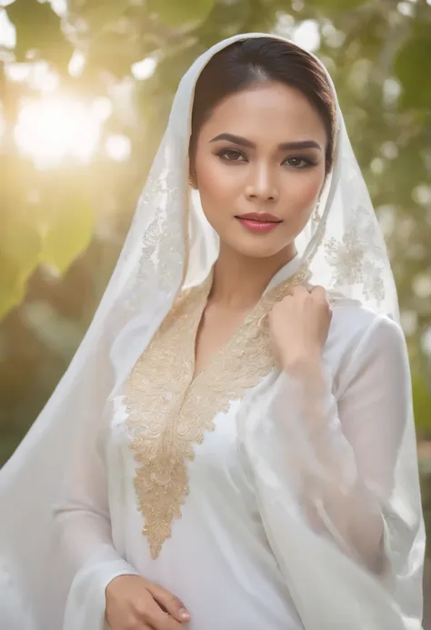 (studio photography of the most beautiful Malay woman model wearing traditional white gold baju kurung and long shawl, vibrant colors, ultra detail, hdr, blur outdoor background, f1.8)