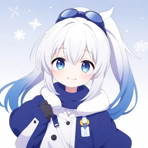 1 girl, smile、oasis, brush sticker, double ponytail, Triple White, gradient hair, goggles on head、hand glove、Light-colored muffler、snow background、First snow、want me