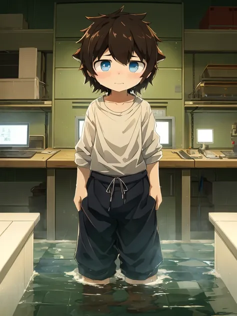 4K，8K，high resolution，masterpiece, best quality, big watery eyes, hairy, alone, wear, baggy clothes, wet fur,  Flooded，((boys，Shota))In the lab