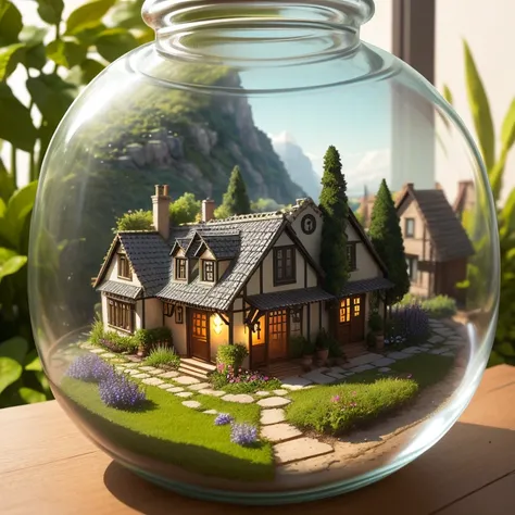 A miniature world inside glass，glass bottle，Miniature landscape，villa，garden，the way，