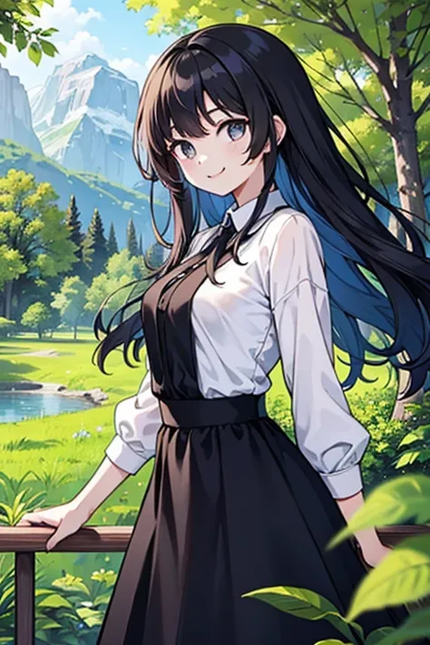 long back hair, black dress, white shirt, nature scenery, bright smile