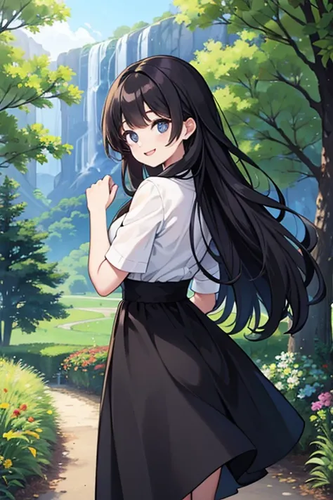 long back hair, black dress, white shirt, nature scenery, bright smile