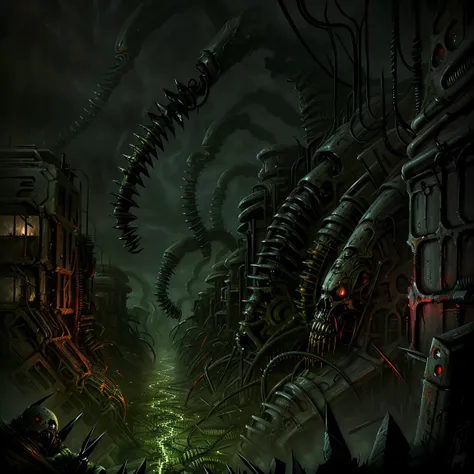 Masterpiece painting, Biomechanical ooze invading the cities, horror art, a vast landscape of destruction, with many diabolical vibes, darkness illustration., illustration, painting, wildlife photography. 