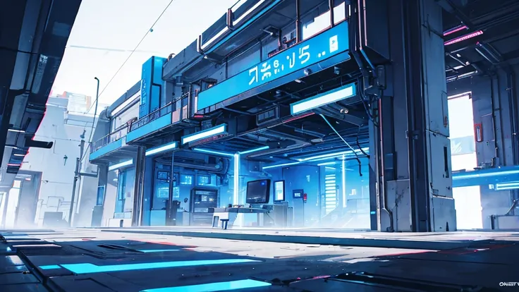 military facility, cyberpunk, blue neon, cipher