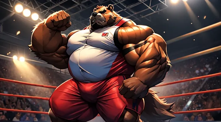 A huge fat old anthro furry bear, dark red fur,muscular arms, muscular legs, imposing stature, wearing a wrestling uniform, with a stern and intimidating expression on his face, black full facial hair, gold eyes, large fat roid belly . Detailed facial feat...