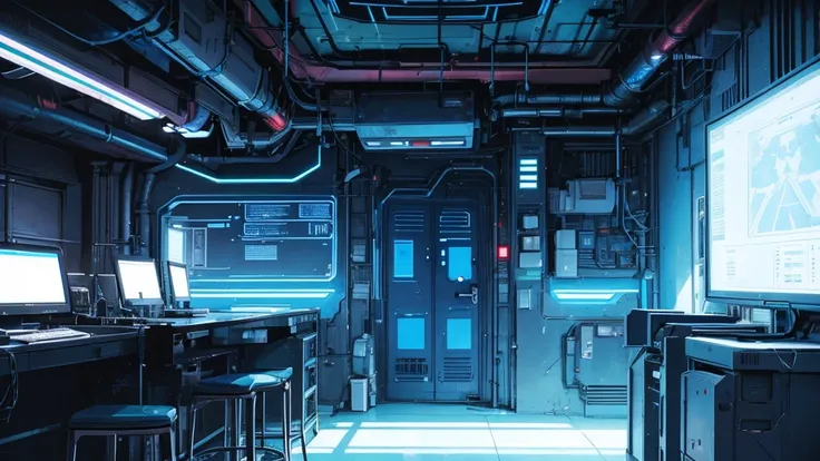 inside a cyberpunk military facility, blue neon, cipher