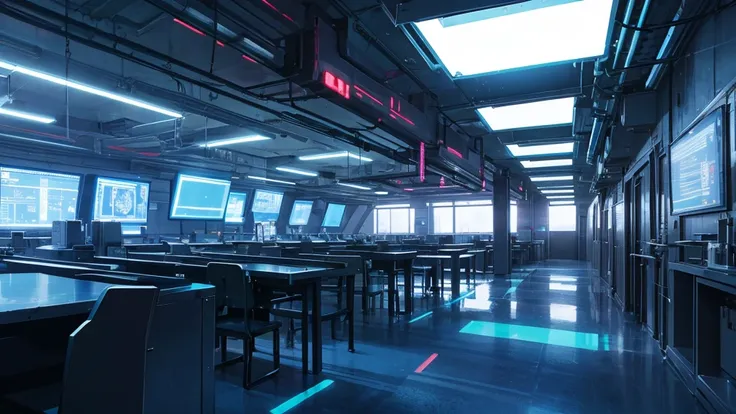 inside a cyberpunk military facility, blue neon