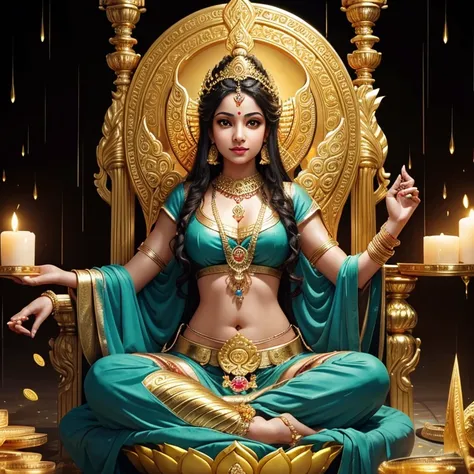 laxmi the goddess of wealth, sitting on lotus throne, full of gold environment, money and diamond everywhere, rain of golden coin. perfect anatomy, perfect eksperssion, super HD, ultra realistic