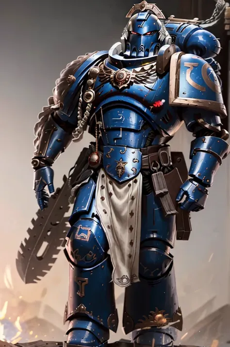 mature adult, illustration, of ultramarine, primaris, power armor, full armor, full metal armor, wearing intricate ornamented me...