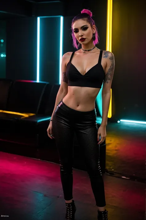 realistic, ((top-quality)), ((​masterpiece:1.3)), Crisp focus:1.2, edgy and bold hairstyle, punk woman wearing a crop top posing for a photo in a club at night, no bra, seductive, night club lights, full body shot, black make-up, techno aesthetic, techno c...