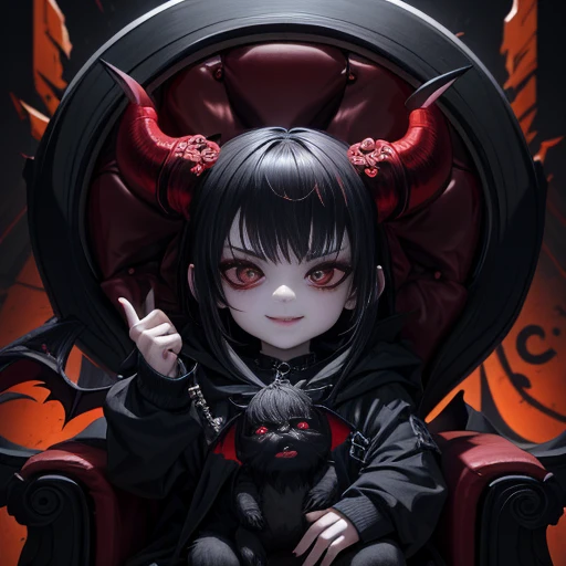 A baby-demon with fiery red eyes and tiny, sharp horns sits perched on a plush, obsidian throne. The artist, Liu Chang, has expertly crafted this masterpiece with impeccable attention to detail and the highest quality standards. Rendered in stunning 8K res...