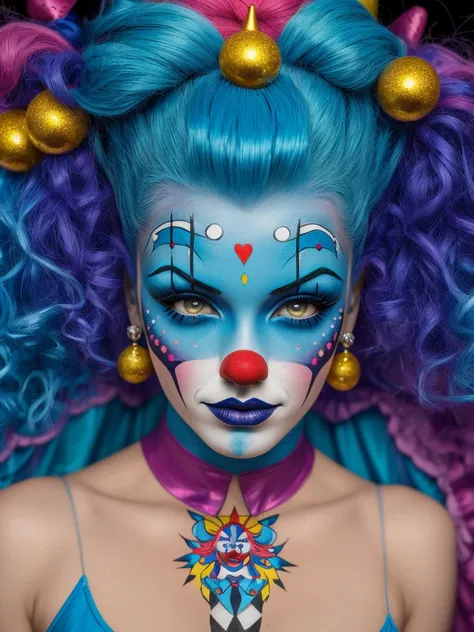 painting of a woman with blue hair and clown makeup on her face, pop art painting, cartoon style, anne stokes, pop surrealism, u...