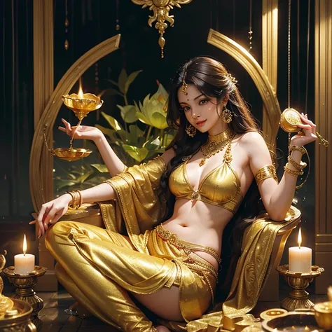 laxmi the goddess of wealth, sitting on lotus throne, pouring a jar of golden coin, full of gold environment, money and diamond everywhere, rain of golden coin. perfect anatomy, perfect eksperssion, super HD, ultra realistic