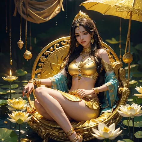 laxmi the goddess of wealth, sitting on lotus throne, pouring a jar of golden coin, full of gold environment, money and diamond everywhere, rain of golden coin. perfect anatomy, perfect eksperssion, super HD, ultra realistic