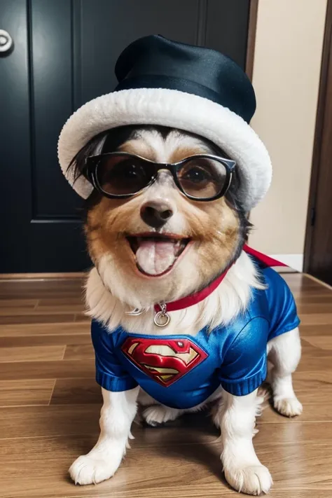 Collie or Border Collie dog with abnormal coat, tamanho gigantesco, cor da pelagem muito longa e albina, hes got his tongue out, expression of great happiness upon seeing the owner, (((wears only superhero uniform))), ((He wears 3D cinema glasses on his ey...