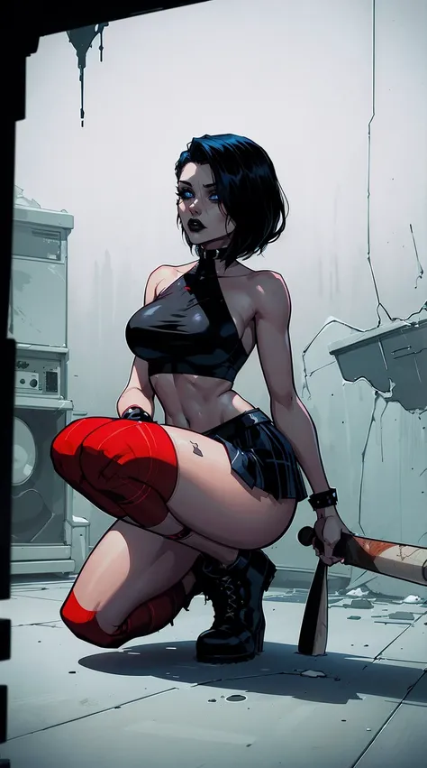 a woman with short black hair, hair on shoulders,  wearing a black cropped  and plaid skirt, blue eyes, zombie art, gothic art, cute aesthetic with vibe, toon aesthetic, wearing red costume, wearing gothic accessories, look like Cassie Hack, whole body,on ...