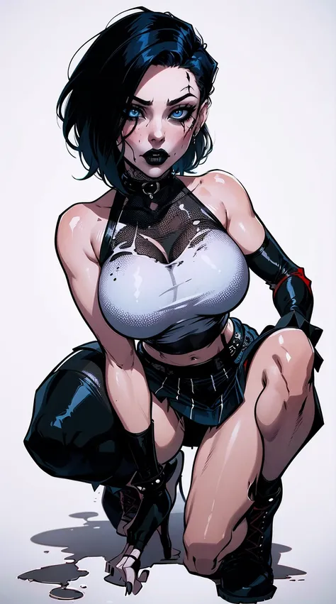 a woman with short black hair, hair on shoulders,  wearing a black cropped  and plaid skirt, blue eyes, zombie art, gothic art, cute aesthetic with vibe, toon aesthetic, wearing red costume, wearing gothic accessories, look like Cassie Hack, whole body,on ...