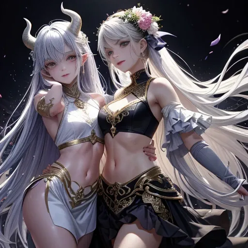 A young demon, 23 years old, with a mesmerizing blend of ethereal beauty and devilish allure. This masterpiece of art, captured in the highest quality resolution, portrays a single figure with ivory-white hair cascading down their shoulders, contrasting be...