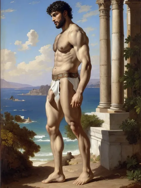 Side view, oil painting of a Roman Gladiator, masculine appeal, handsome, by Alexandre Cabanel, by Daniel Gerhartz, pre-Raphaelite movement, neoclassical style, Aegean sea landscape background, beautiful man, scantily clad, dark olive skin, ((white briefs,...