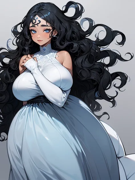 (((Alone woman))),(((Vitiligo Skin))),(((Grey blue eyes))),(((black wavy hair))),(Curvy body),(((wearing a beautiful dress)))