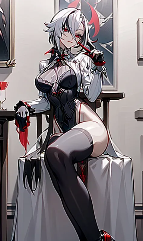 NSFW, ((Masterpiece, best qualtiy))，arlecchino, arlecchino from genshin impact, exquisitedetails，Fine background，Delicate light，Ray traching，Perfect texture，one-girl，White shirt，Black super shorts，Black band on upper body，Strangle，leg loops，Black stockings...