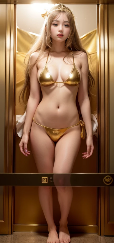 1 girl、highest quality、masterpiece、ultra high resolution、(Photoreal:1.4)、RAW photo、god々々女godシビット、（15 year old beautiful girl&#39;face）、straight long hair、glowing skin、dramatic、（Golden See-Through Competition Swimwear）、（golden transparent fluttering robe）、（...