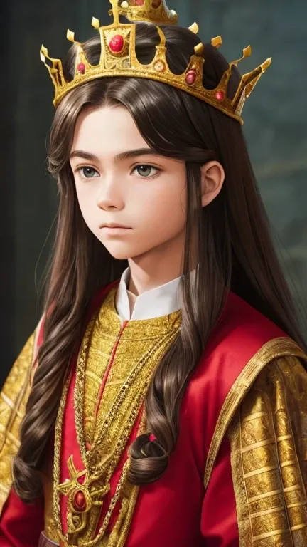 RAW photos, Portrait of a 12-year-old king from the Middle Ages, 12 year old boy with long hair, dressed like a king, (very detailed clothes), Wearing a golden crown with red jewels, (highly detailed crown), pale skin, slim body, (medieval palace backgroun...