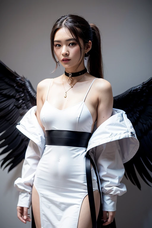 cowboy shot, (Black wings:1.2), very long hair, side ponytail, choker, holding, off shoulder, (white dress:1.3), white jacket